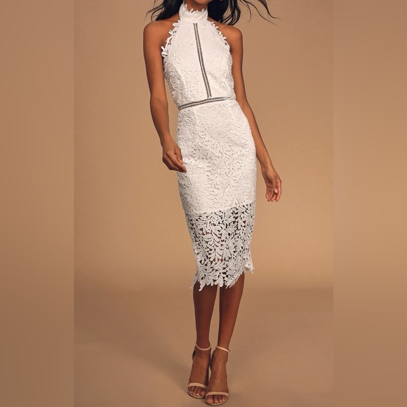 Lulus Dresses & Skirts - NWT Lulus Divine Destiny White Lace Halter Midi Dress Graduation Bridalcore Sz M
